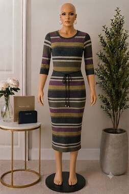 Emma & Michele Striped Ribbed Knit Midi Sweater Dress with Drawstring Waist